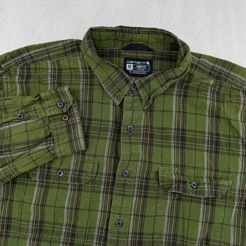 Carhartt Mens 3XLT Loose Fit Plaid Long Sleeve Button Down Shirt Green Workwear